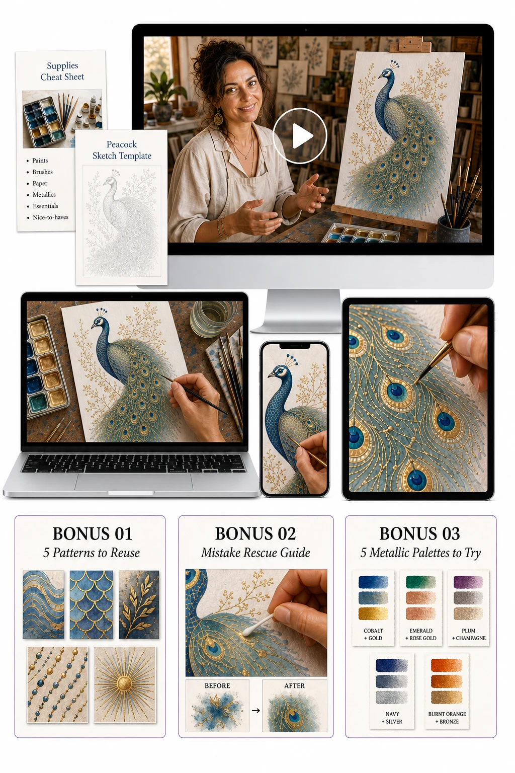 Complete course package with bonuses: video tutorials, materials checklist, 3 bonuses, mobile access, lifetime access