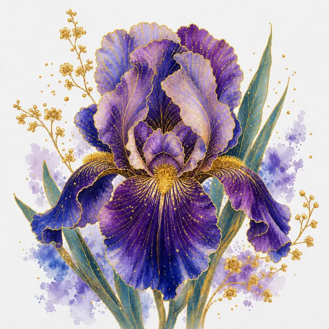 Purple metallic watercolor iris with bright gold linework