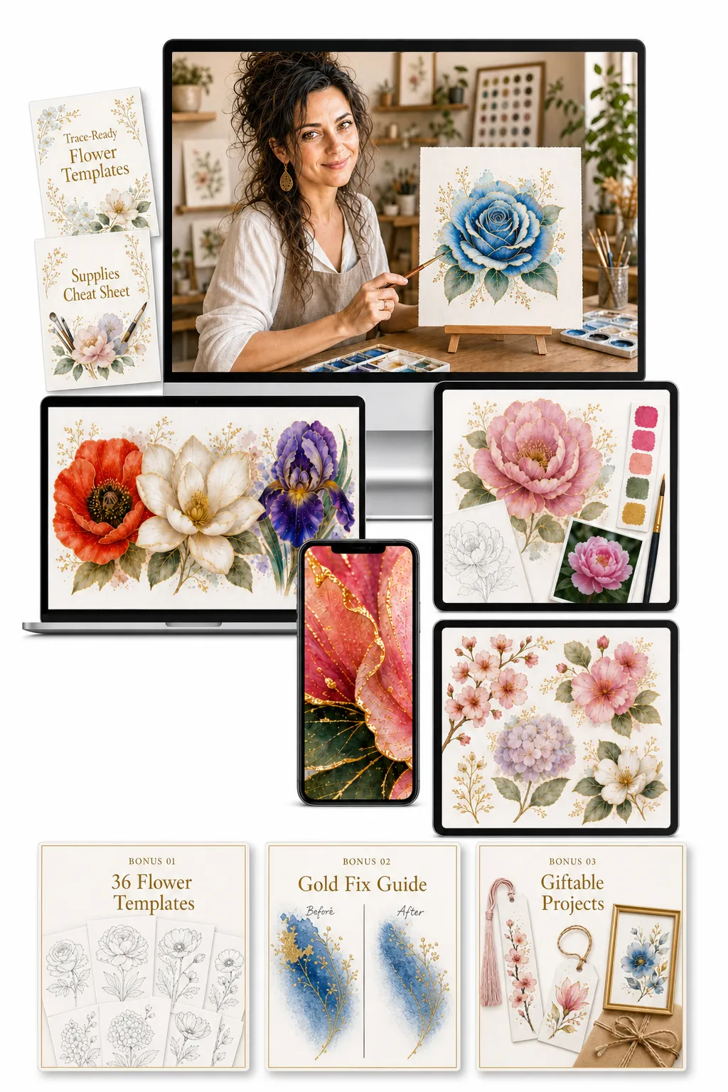 Complete workshop package with bonuses: video tutorials, materials checklist, 3 bonuses, mobile access, lifetime access