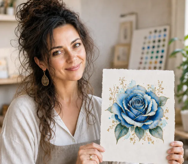 Maya, watercolor artist in her studio