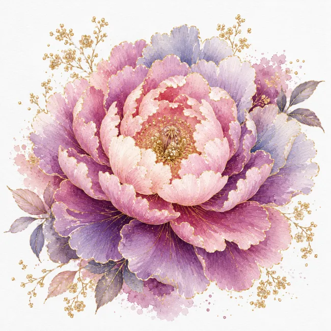 Metallic watercolor layered bloom with gold accents