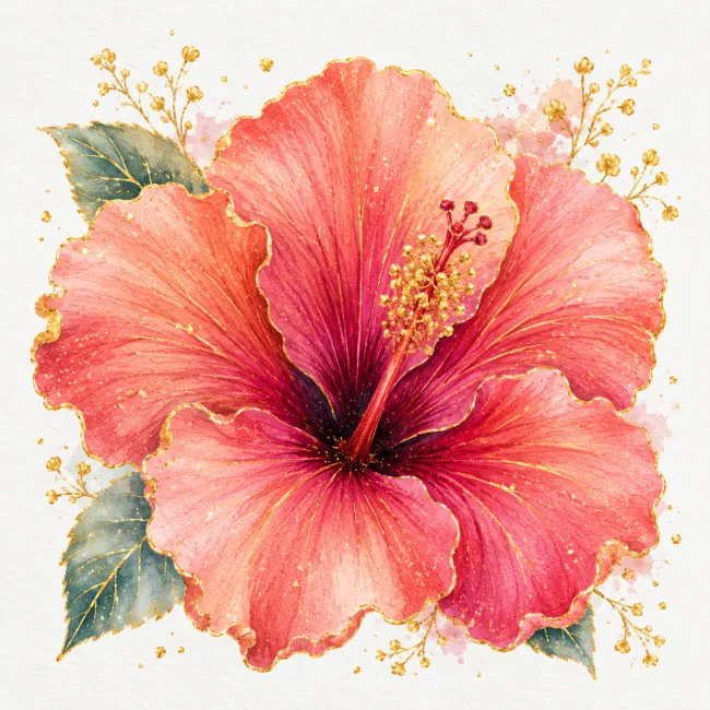 Metallic watercolor open bloom with gold accents