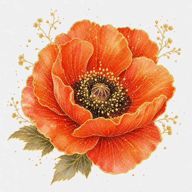 Coral metallic watercolor poppy with luminous gold accents