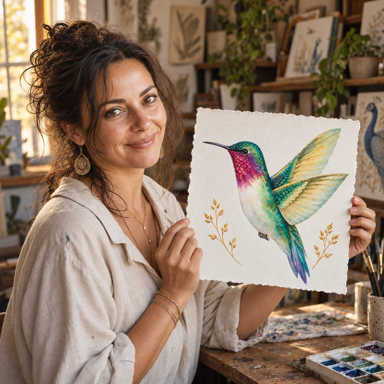 Maya, watercolor artist in her studio