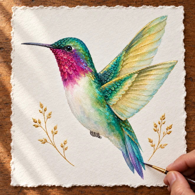 Metallic watercolor hummingbird painting
