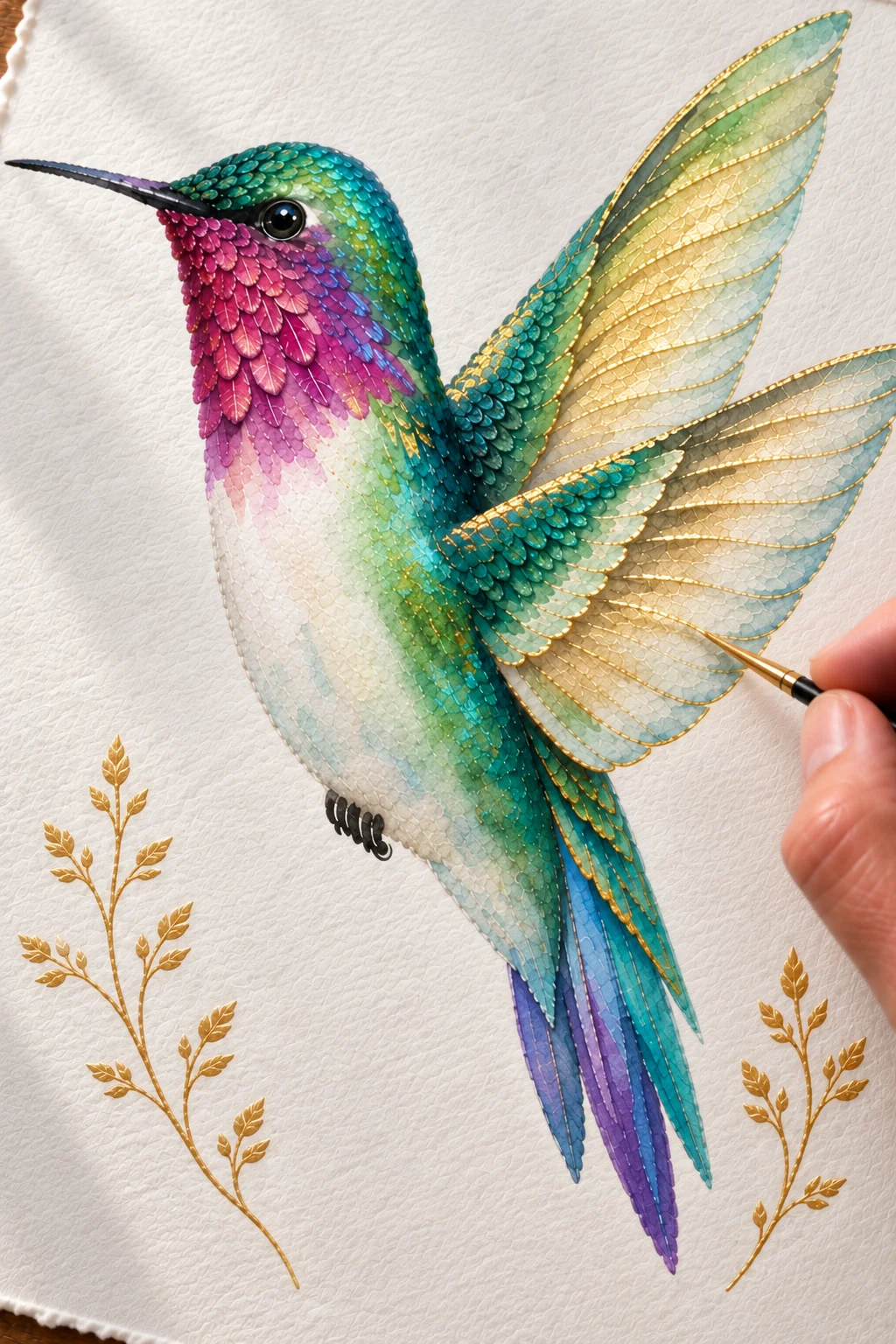 Module 5: Gold shimmer details on a metallic watercolor bird
