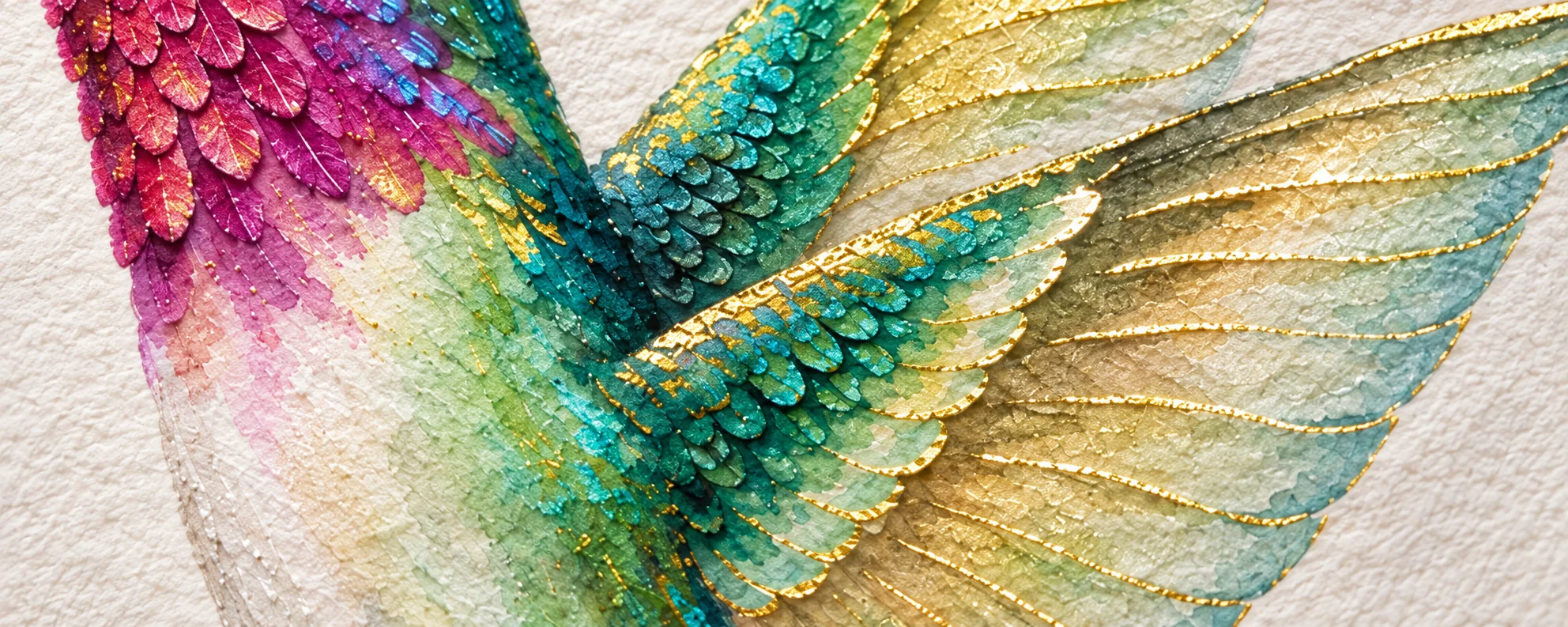 Close-up of jewel-toned hummingbird feathers with metallic gold shimmer