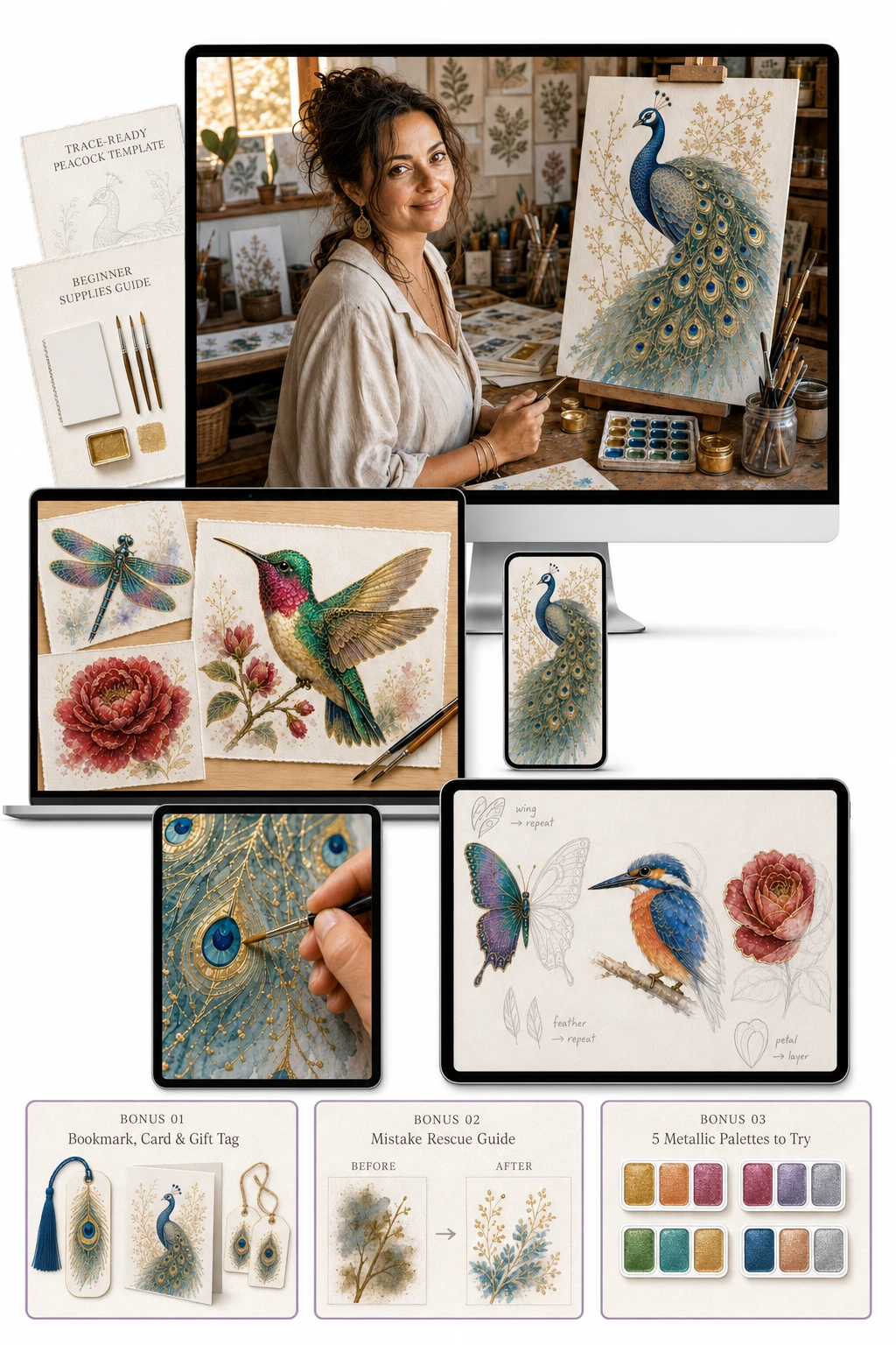 Complete workshop package with bonuses: video tutorials, materials checklist, 3 bonuses, mobile access, lifetime access