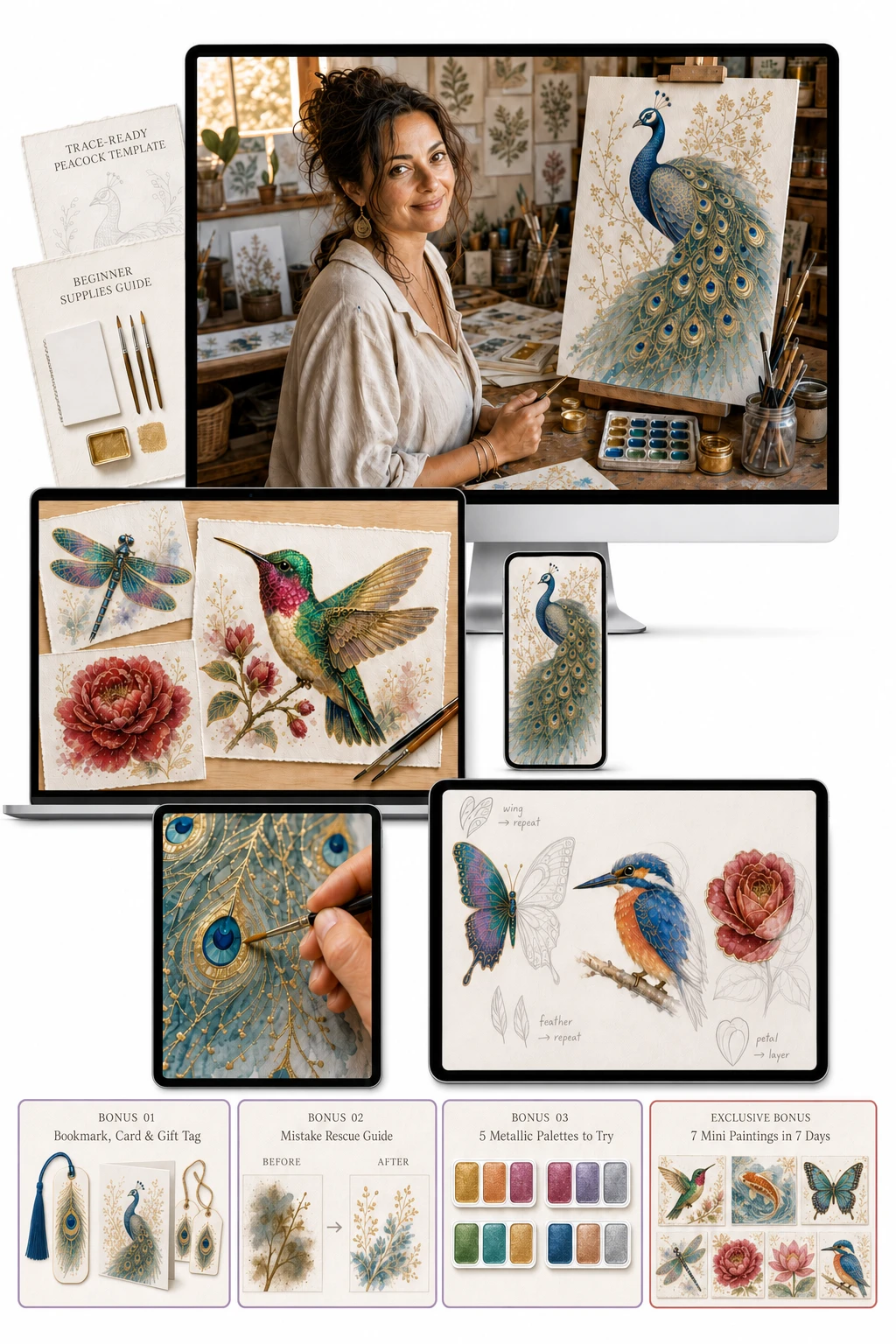 Complete workshop package with bonuses: video tutorials, materials checklist, 4 bonuses, mobile access, lifetime access