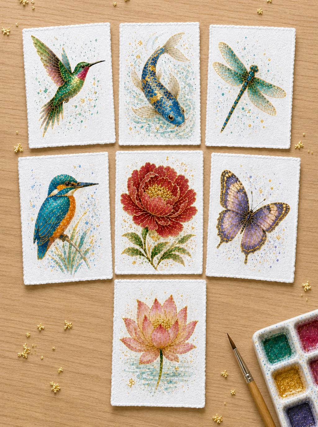 Exclusive Bonus: 7 small metallic watercolor paintings featuring hummingbird, koi, dragonfly, kingfisher, peony, butterfly, and lotus