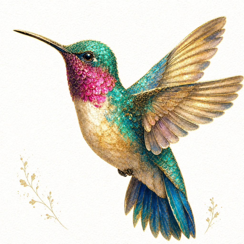 Metallic watercolor hummingbird
