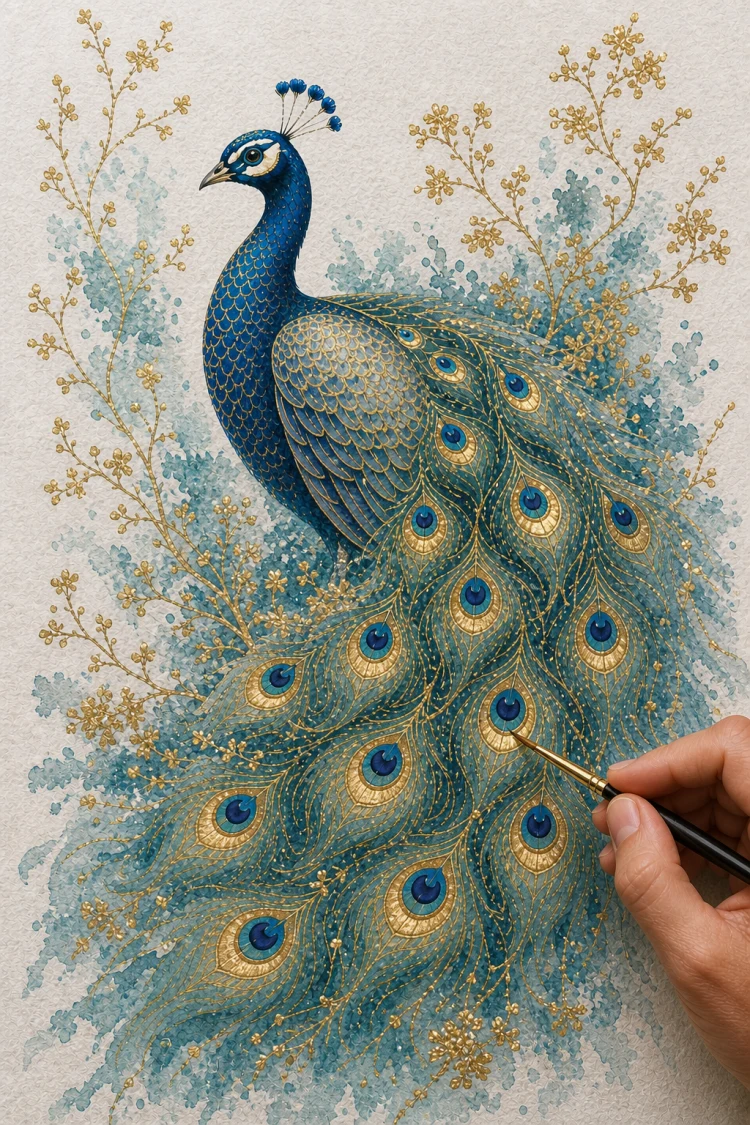 In-progress metallic watercolor peacock with hand and brush